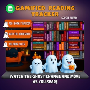 Puede incluir: Un rastreador de lectura gamificado digital que se muestra en la pantalla de una computadora portátil. La imagen presenta una estantería con títulos de libros, personajes fantasma y el texto "Gamified Reading Tracker". El texto "Watch the ghost change and move as you read!" también es visible.