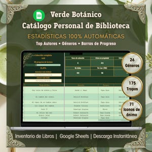 May include: A digital library catalog displayed on a laptop screen, with a green and white interface. The screen shows book statistics, including genres, tropes, and mood icons. Text on the screen reads "Verde Botánico" and "Personal Library Catalog."