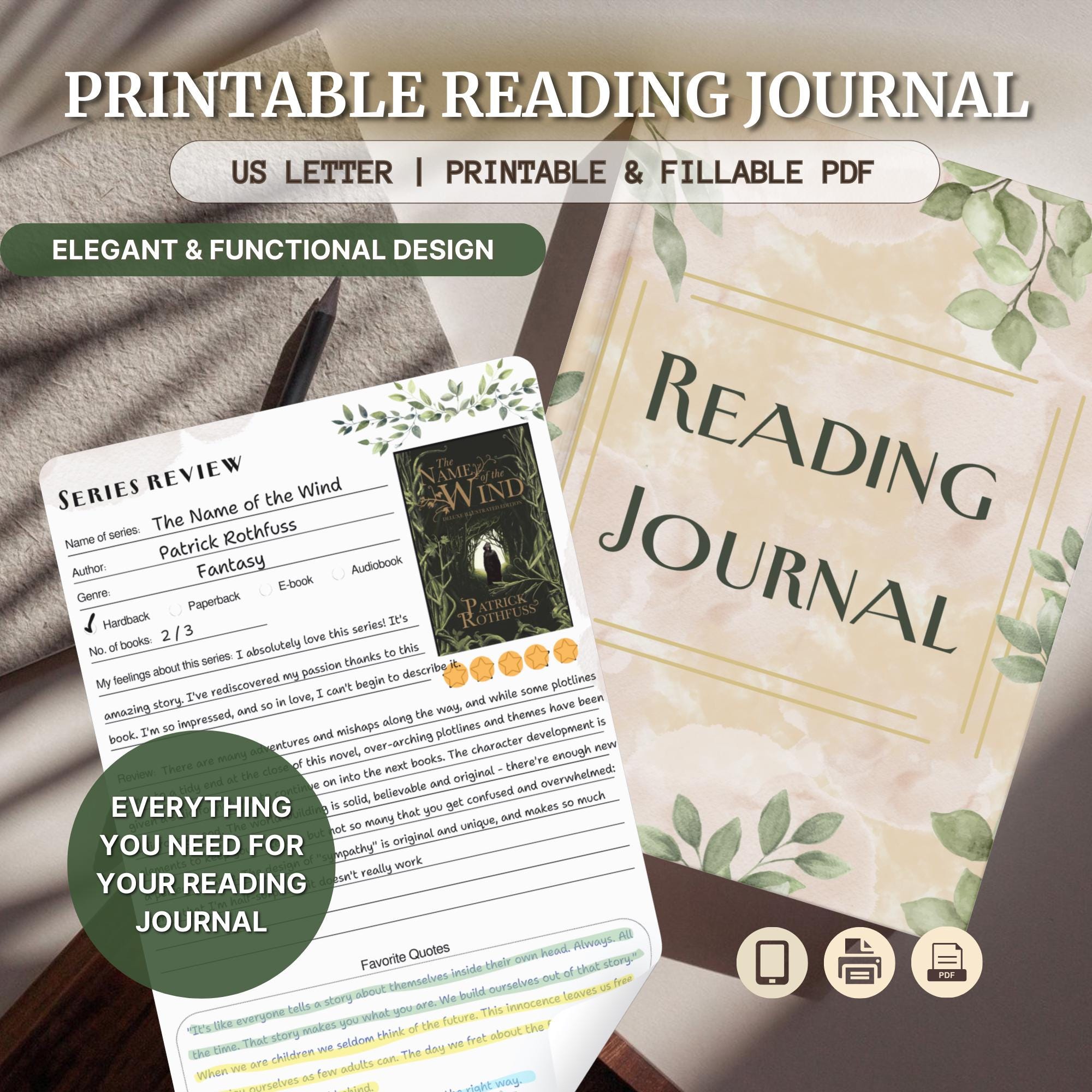 Printable Reading Journal | Book Tracker, Review Log (US Letter PDF) - Etsy