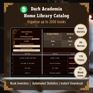 Pode incluir: Uma interface digital do catálogo da biblioteca Dark Academia, exibindo o inventário de livros e estatísticas automatizadas. A interface mostra títulos de livros, autores e formatos, com 26 gêneros, 175 tropos e ícones de humor.