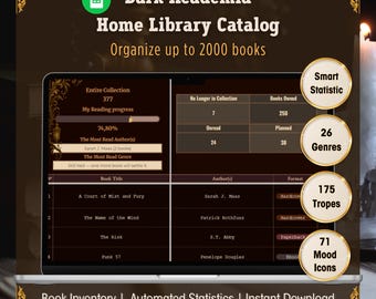 Catalogue de la bibliothèque d'accueil Dark Academia | Modèle de suivi de livre pour Google Sheets