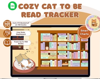 Peut inclure: Un modèle de suivi de lecture numérique sur un écran d'ordinateur portable. Le design présente un chat douillet, une bibliothèque et le texte "COZY CAT TO BE READ TRACKER." Comprend des options de remplissage automatique, de statistiques en direct et de graphiques intelligents.