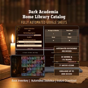 Puede incluir: Un catálogo digital de biblioteca Dark Academia que se muestra en una computadora portátil y una tableta. El catálogo presenta estanterías automatizadas, inventario de libros y estadísticas. El texto incluye "30 Géneros y 175 Tropes" y "Organiza hasta 2000 libros."