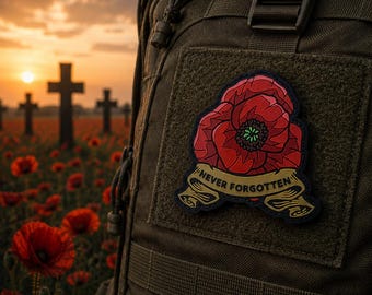 Never Forgotten Poppy Lest We Forget PVC Tactical Military Morale Patch with Hook & Loop Velcro Backed Airsoft Army Funny Chubby