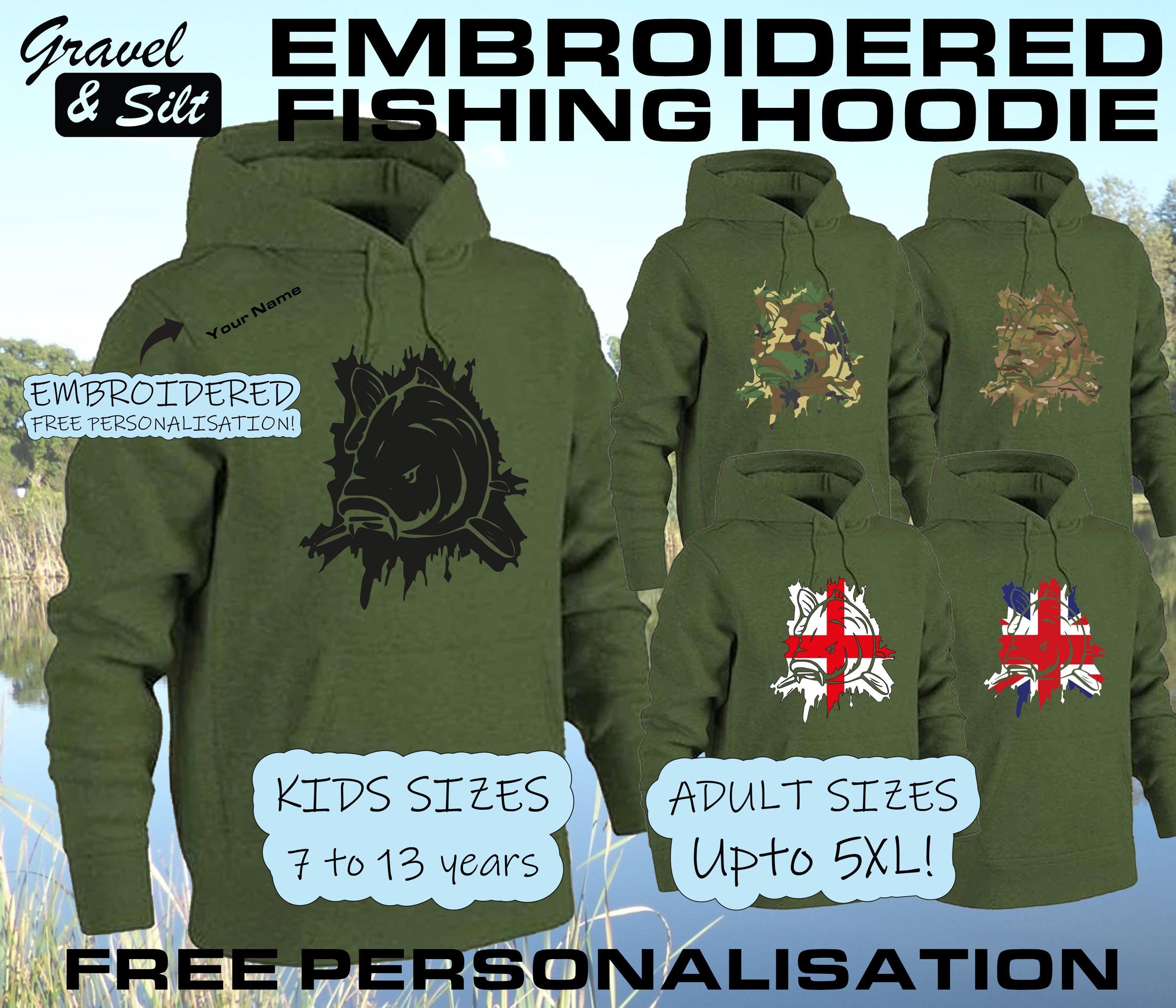 Printed Carp Fishing Personalised Hoodie - Embroidered - 7 to 13 Years & Small to 5XL - Ultimate Gift for Angler Fisherman - Kids and Adults
