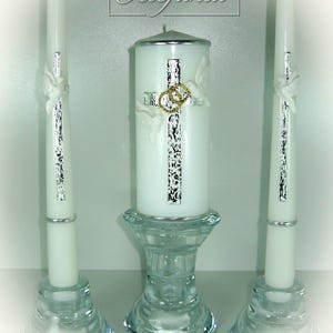 Handmade Wedding Unity Candle Set, Silver Cross, White Doves, Personalized