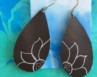 Brown Handpainted Leather Teardrop Earrings