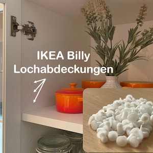 Könnte beinhalten: Weißer Schrank mit einem Regal, das einen kleinen orangefarbenen Topf, eine weiße Vase mit Kunstblumen und einen Haufen weißer pilzförmiger Objekte enthält. Der Text "IKEA Billy Lochabdeckungen" ist sichtbar.