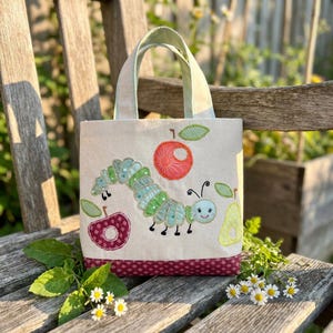 Caterpillar Applique Tote Bag. Handmade Kids Canvas Library Book Bag (One of a kind).