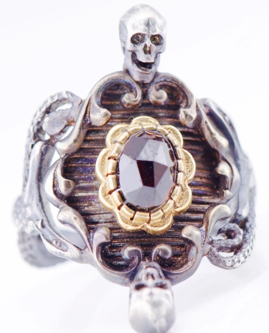 Antique Victorian Skull and Serpent Ring Gilt Silver Garnets Memento ...