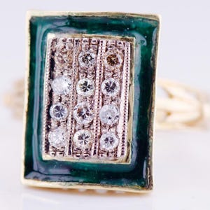Anillo antiguo Art Déco para mujer, oro de 18k, diamantes esmaltados, talla 6.75