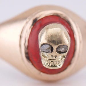 Antique 14k Gold Memento Mori Skull Ring | Cabochon Ruby & Diamond Eyes Size 6.5