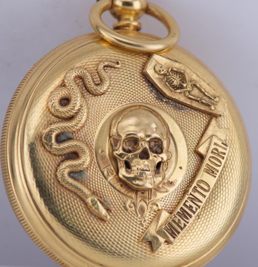 Antique Victorian Gilt Silver Pocket Watch – Memento Mori Skull Snake ...