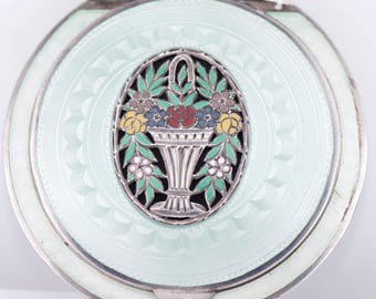 Antique Imperial Russ Faberge Silver Enamel Powder Compact Box with Mirror 1900