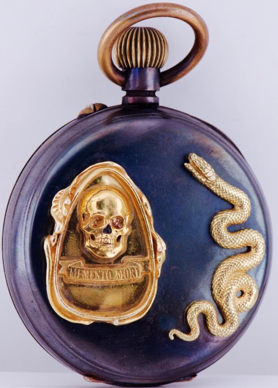 Antique Occultist Pocket Watch Memento Mori Skull Snake Gunmetal Case ...
