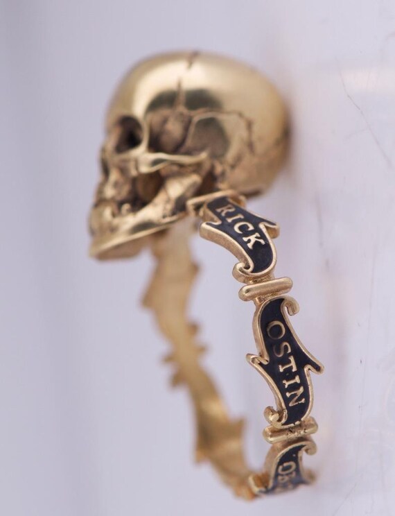 Antique Victorian Mens Skull Ring Memento Mori Gilt S… - Gem