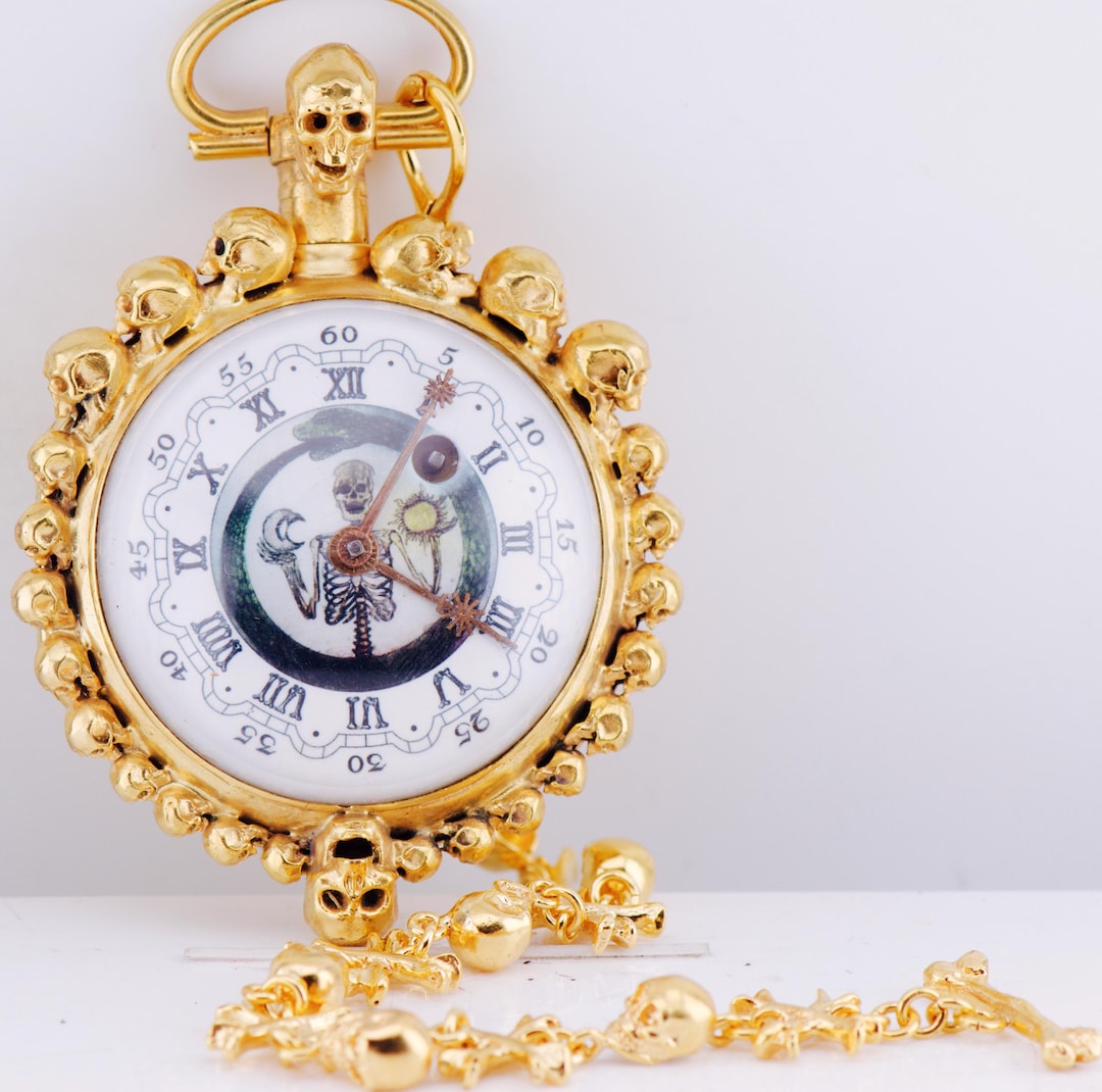 Antique Memento Mori Skull Verge Fusee French Pocket Watch Gilt Silver ...