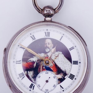 Antique UK Sterling Silver Pocket Watch Enamel Dial Portrait of King George V