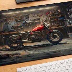 Sous-main de bureau moto avec motif atelier, idéal pour les motards.