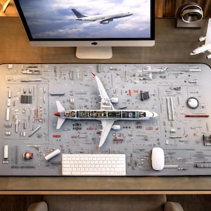 Airplane desk mat with technical illustration. For office, gaming and home office use, gift for pilots and aviation enthusiasts.