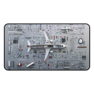 May include: A rectangular mousepad featuring a detailed illustration of an airplane's internal components and various tools. The airplane is white with red accents, and the background is a light gray with numerous small parts scattered around.