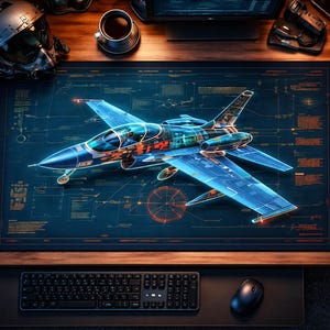 Peut inclure: Illustration détaillée d'un avion à réaction bleu avec des sections transparentes révélant les composants internes, sur fond de schéma bleu foncé. L'image est sur un bureau avec un clavier, une souris et un casque de vol.