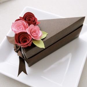 PAPER Chocolate cake slice favor box with pink and red flowers 1 slice. Wedding, baby shower, bridal shower, valentine's day, birthday image 1