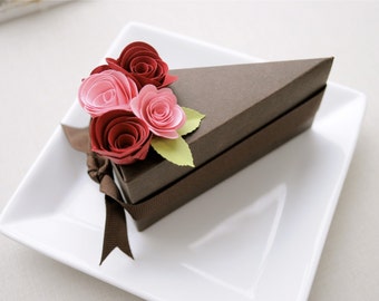 PAPER Chocolate cake slice favor box with pink and red flowers (1 slice).  Wedding, baby shower, bridal shower, valentine's day, birthday