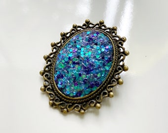 Blue and purple glitter gothic bronze brooch pin