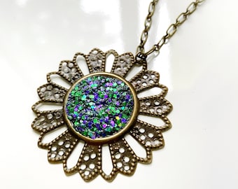 Purple and green glitter art deco statement necklace with bronze chain