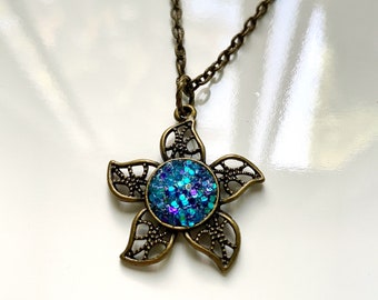 Blue glitter starfish mermaid necklace with bronze chain