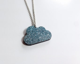 Light blue glitter rain cloud necklace