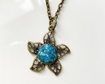 Teal glitter starfish mermaid necklace with bronze chain