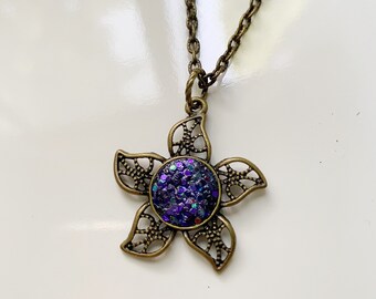 Purple glitter starfish mermaid necklace with bronze chain