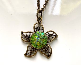 Green glitter starfish mermaid necklace with bronze chain