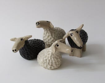Sheep, flock of sheep, black and white ceramics, animal figures, ceramic animals, black sheep, country house decoration,