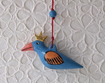 Bird, ceramic bird, gold crown, decorative bird, hanging object, hanging bird, window decoration, country house decoration