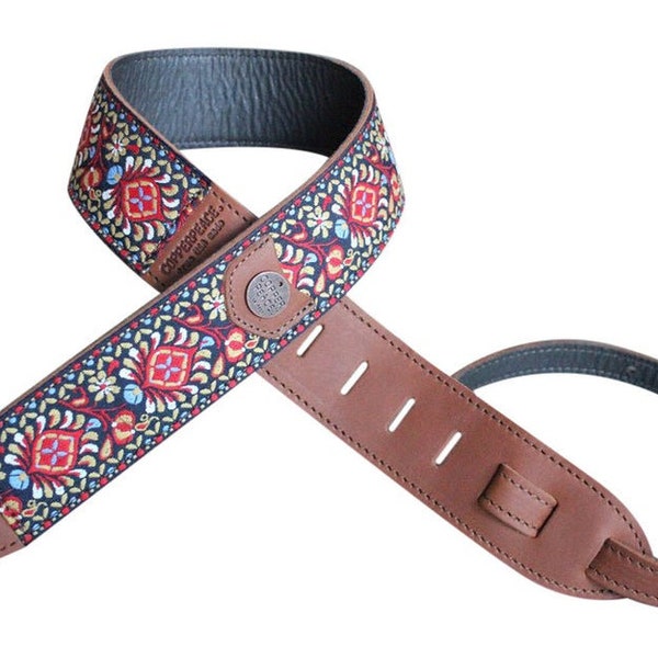 SAMPLE SALE: Mariposa Retro Vintage Floral Embroidery Brown Leather Guitar Strap