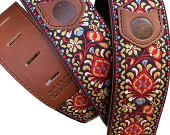 Mariposa Retro Vintage Floral Embroidery Brown Leather Guitar Strap