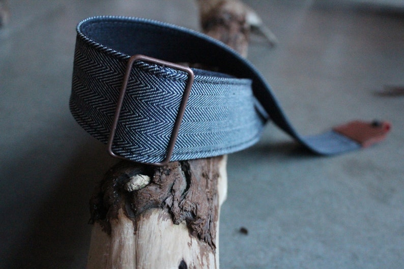 Herringbone Blue Denim and Brown Leather BANJO Strap image 6