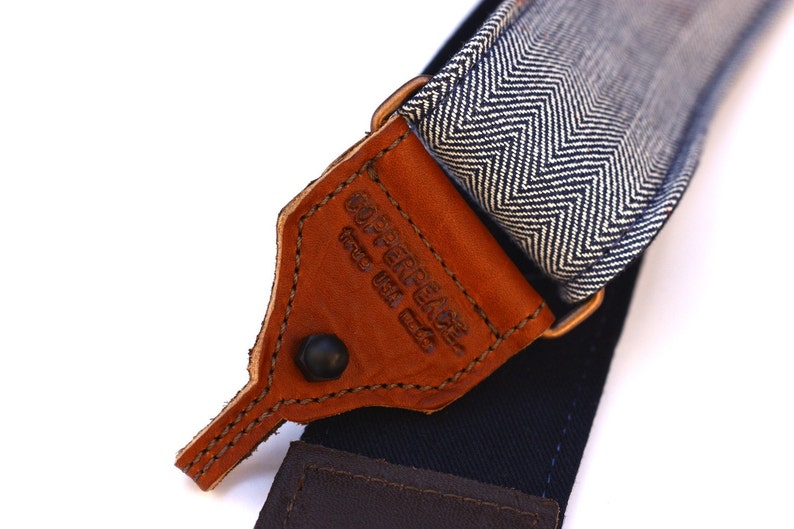 Herringbone Blue Denim and Brown Leather BANJO Strap image 7