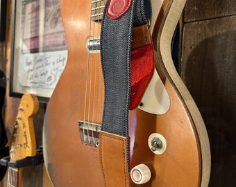 Herringbone Blue Denim and Brown Leather Slider Guitar Strap