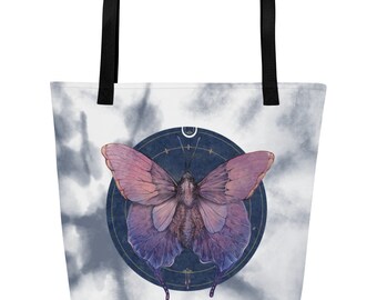 Bolso tote grande con estampado integral de mariposa morada