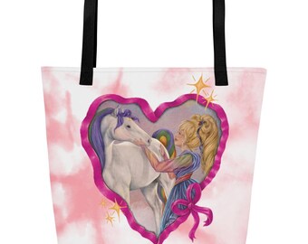 Bolso grande con estampado integral de lazos y corazones de Rainbow Brite