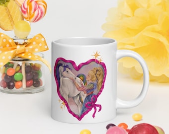 Taza blanca brillante con lazo rosa arcoíris