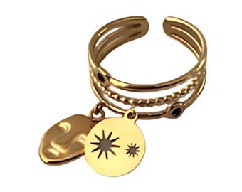 Adjustable Gold-Plated Stainless Steel Charm Ring, Boho Chic & Feminine Jewelry, Gift for Women
