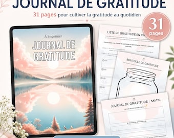 May include: A printable gratitude journal in PDF format featuring a cover with a pink and blue landscape of a lake and forest at sunset. The set includes 31 pages with various templates like a gratitude list, a gratitude jar, and daily morning logs.