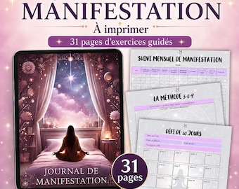 May include: A printable manifestation journal with 31 pages of guided exercises. The cover features a person meditating on a bed facing a window with a starry night sky. Includes pages for a 30-day challenge, the 3-6-9 method, and monthly tracking.