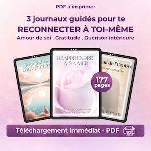 May include: Three digital journals on tablets, promoting self-love and inner healing. The central journal features a pink rose, while the others display landscape art. The text reads "3 guided journals to reconnect with yourself." Available as a PDF download.