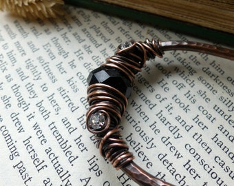 Enchanted Copper Hair Fork - Handmade Hair Pin with black faceted glass bead and rhinestones, OOAK Bun Holder for Everyday Magic